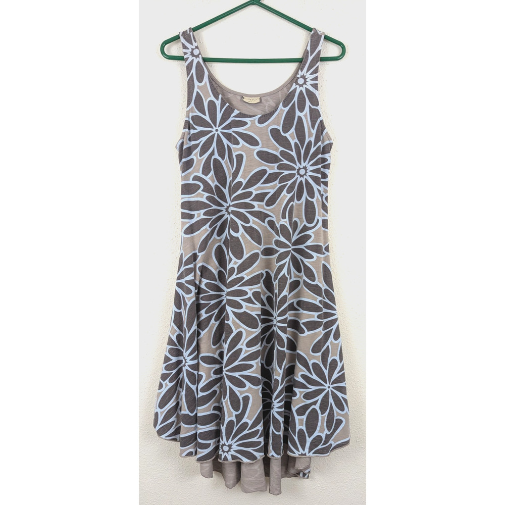 ICanToo sz M Dress knit floral sleeveless tank high low blue grays 0843